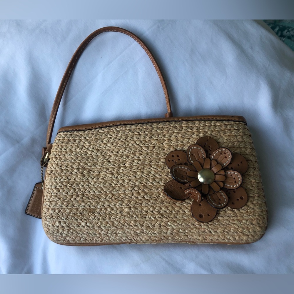 Coach Tan Rattan Clutch with Brown leather Floral Accent